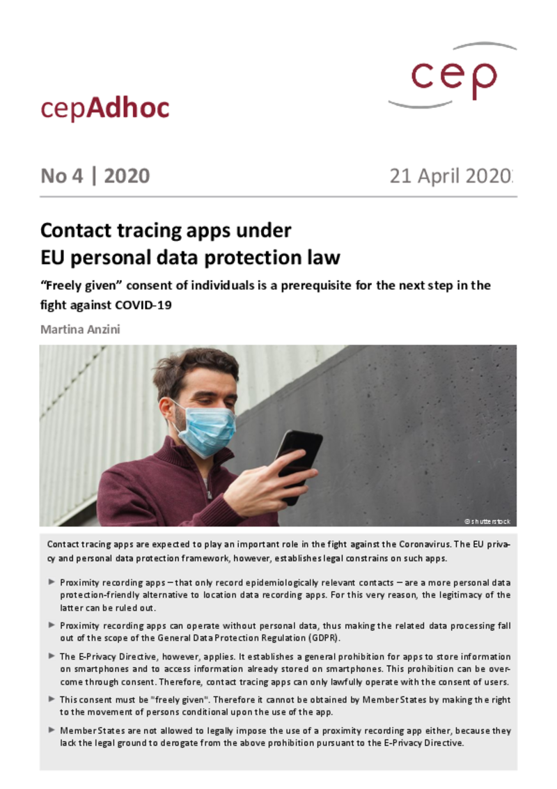 Contact tracing apps under EU personal data protection law (cepAdhoc)